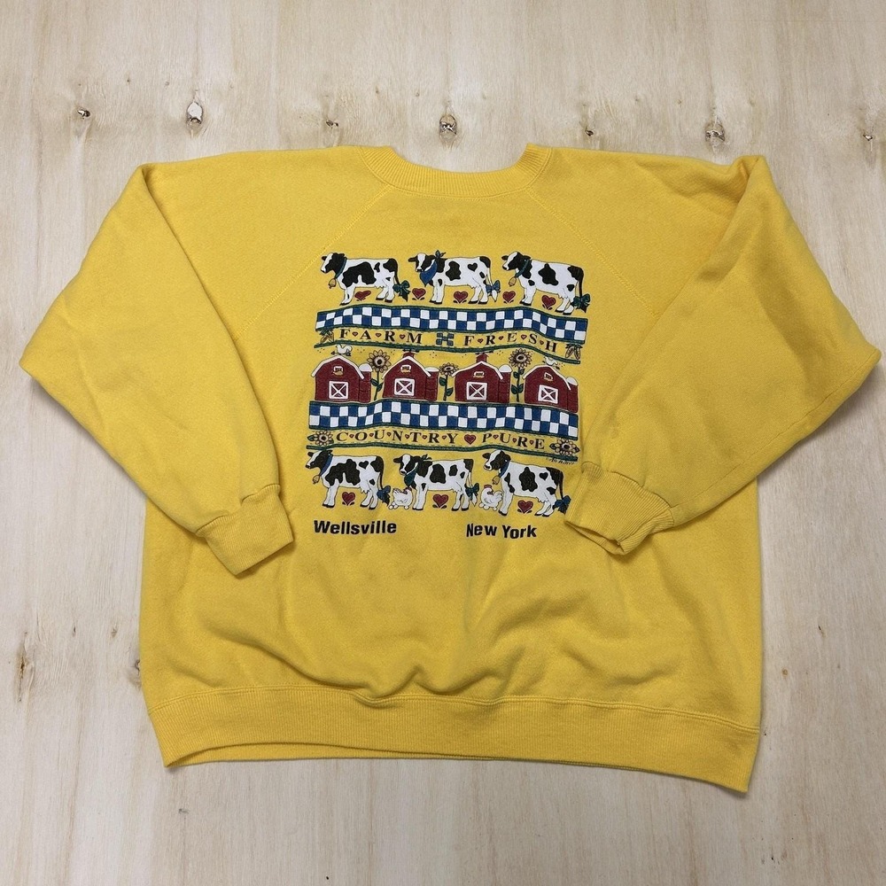 Vintage Natures Way Sweatshirt Womens Large Yellow Farm Cow Barn Graphic Fleece